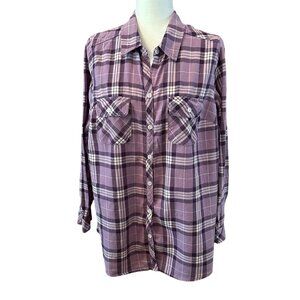 Croft & Barrow Womens 1X Purple Plaid Button-Up Shirt Long Sleeve Cotton Casual